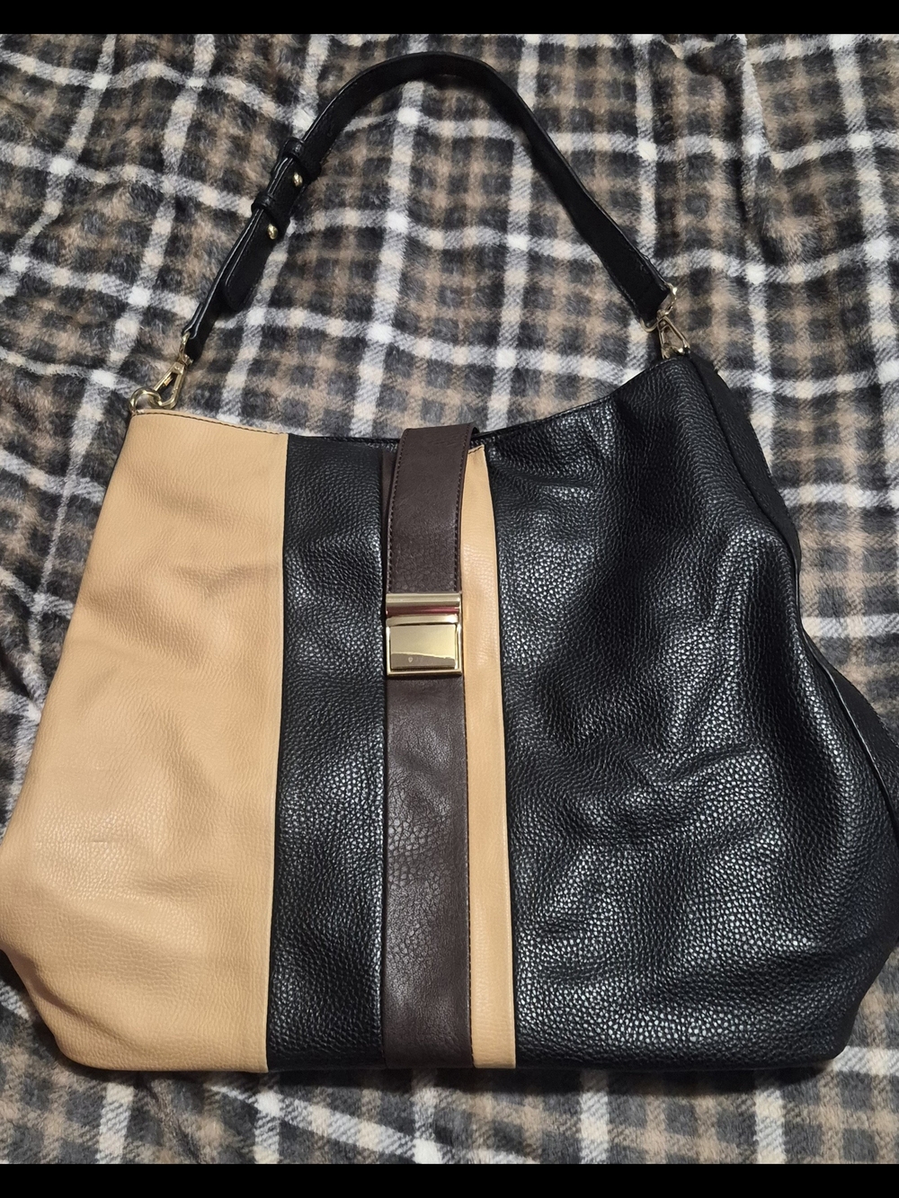 Two-Tone Black and Beige Shoulder Hobo Bag with Chocolate Strap Accent